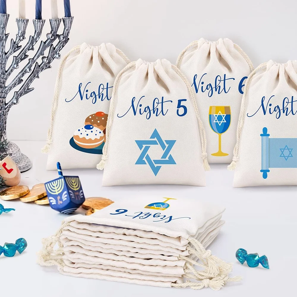 8 Nights of Hanukkah Gift Bags Hanukkah Countdown Drawstring Burlap Bags Jewish Holiday Burlap Drawstring Gift Bags for kids