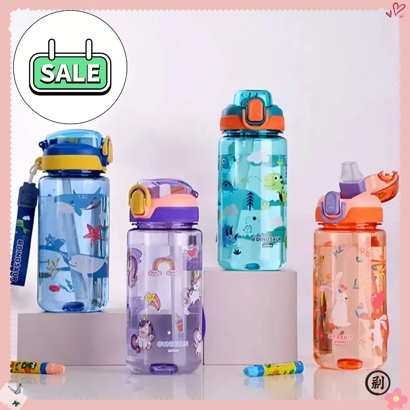 

！@！600ml Dinosaur Kids Water Bottle with Silicone Straw Leakproof Plastic Sippy Cup Summer Outdoor BPA-Free Durable Water Cup254