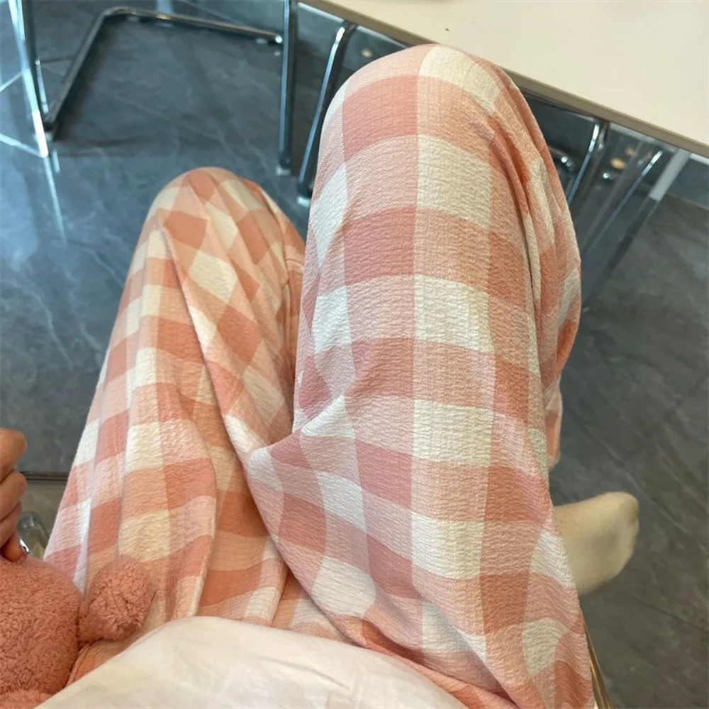 Miękkie spodnie w kratę, codzienne, damskie, z wysokim stanem, szerokie nogawki, piżama dla dziewcząt, odzież do spania, luźne spodnie domowe, piżama dla nastolatek.