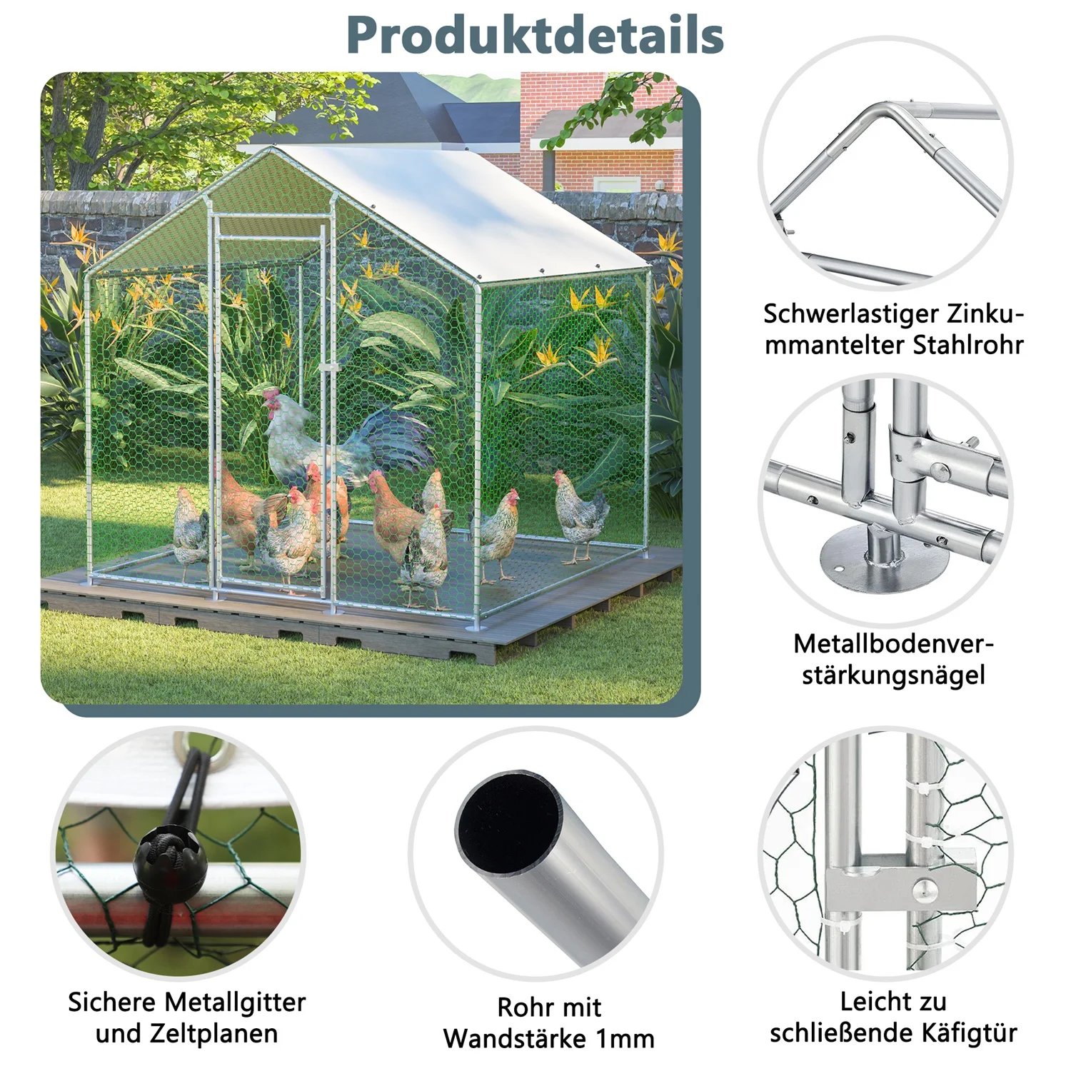 كشك الدجاج 2 × 2 × 2 م مع قفل أمان، قماش PE مقاوم للماء، خطاف تشغيل مجاني مصنوع من المعدن للدجاج والأرانب والبط والدجاج