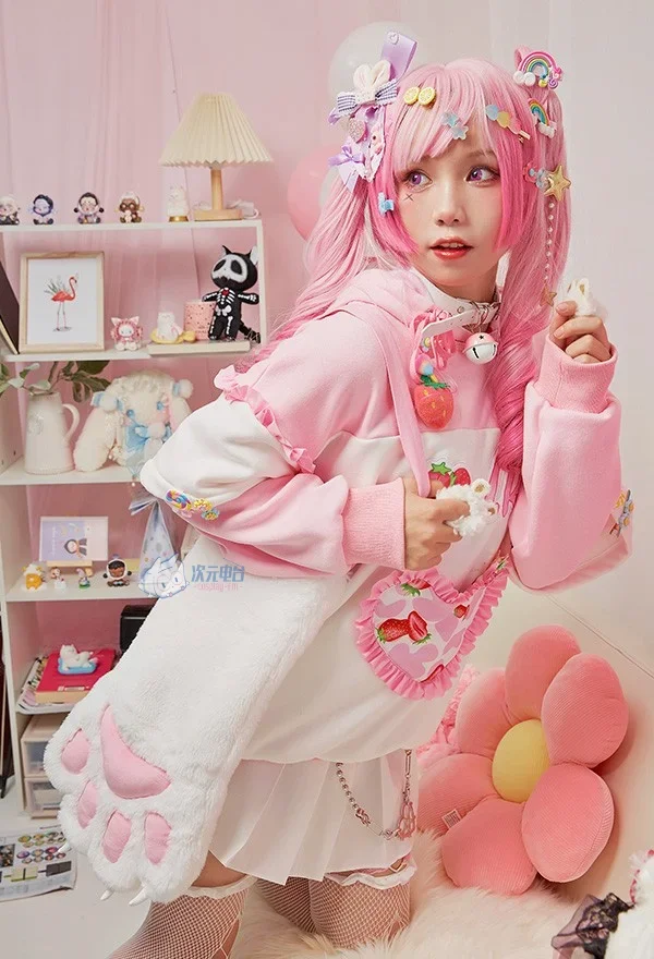 Original Women Pullover Hoodie Furry Cat Paw Gloves Strawberry Milk Cat Style with Detachable Bag Design