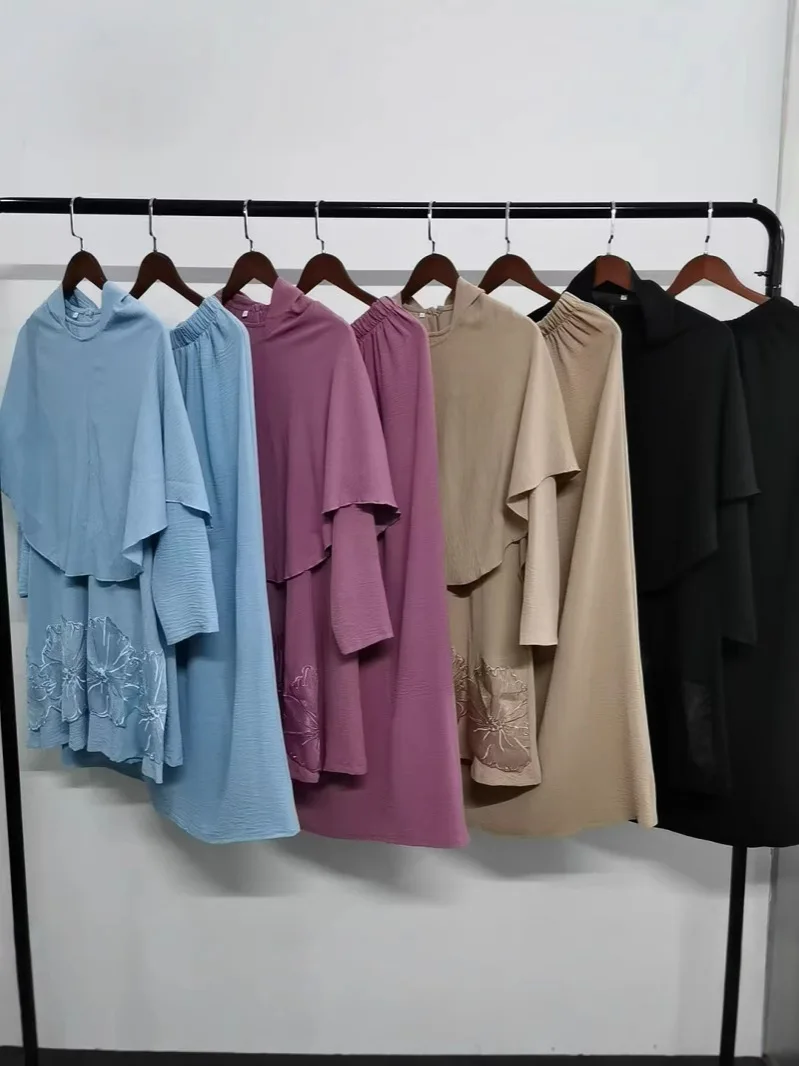 3pcs Eid Abayas Embroidery Hijab Tops Skirt Matching Set Women Muslim Dress Dubai Turkey Kaftan Islam Prayer Garment Jalabiya