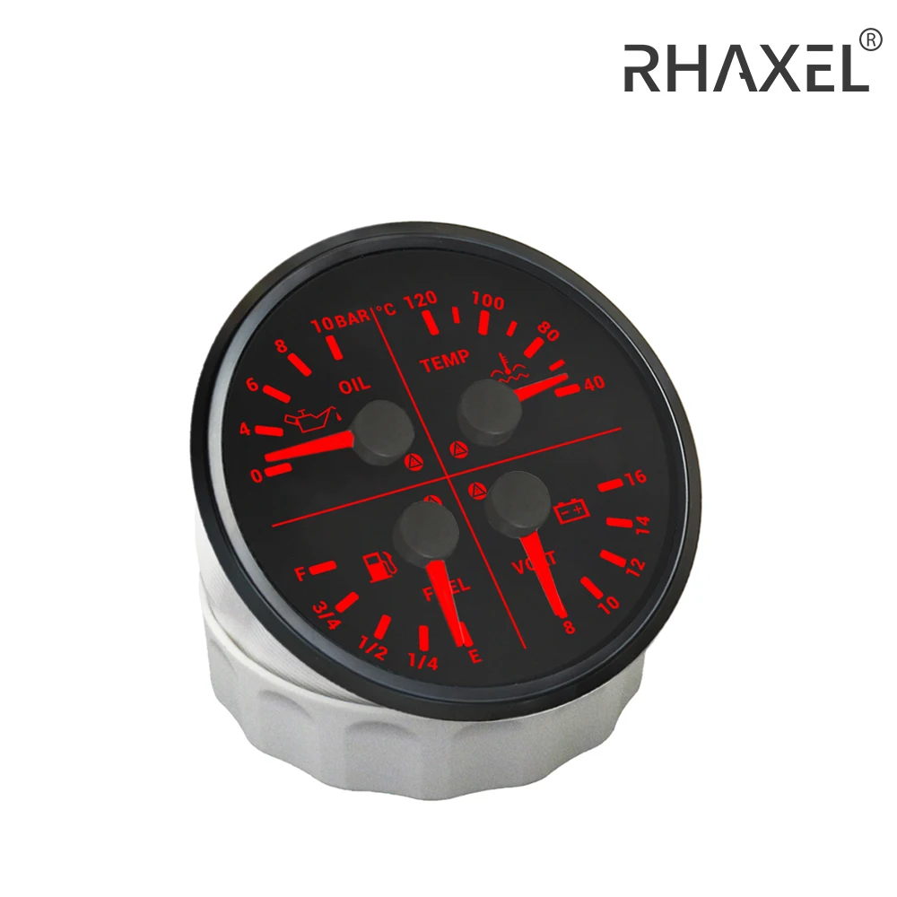 RHAXEL 4 in 1 Multi-Function Gauge Water Temp Fuel Level Oil Pressure 0-10Bar Voltmeter 12V with Alarm 110mm for Marine Boat RV