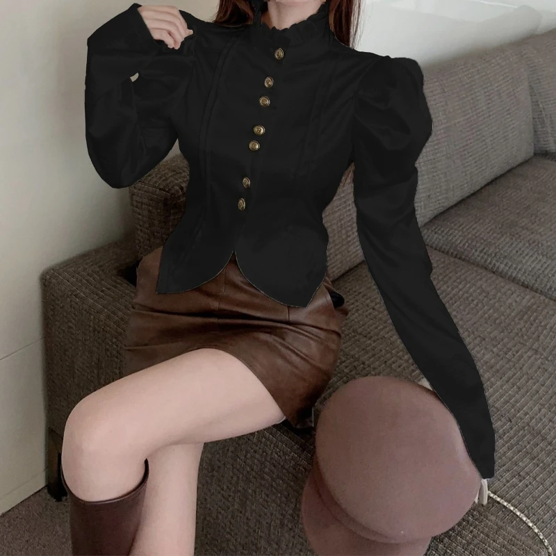 เสื้อเชิ้ตผู้หญิงดีไซน์ปกตั้ง ลดอายุ ดูมีสไตล์ แฟชั่นใหม่สำหรับฤดูใบไม้ร่วง ทรงเข้ารูป แขนยาวพองเล็กน้อย