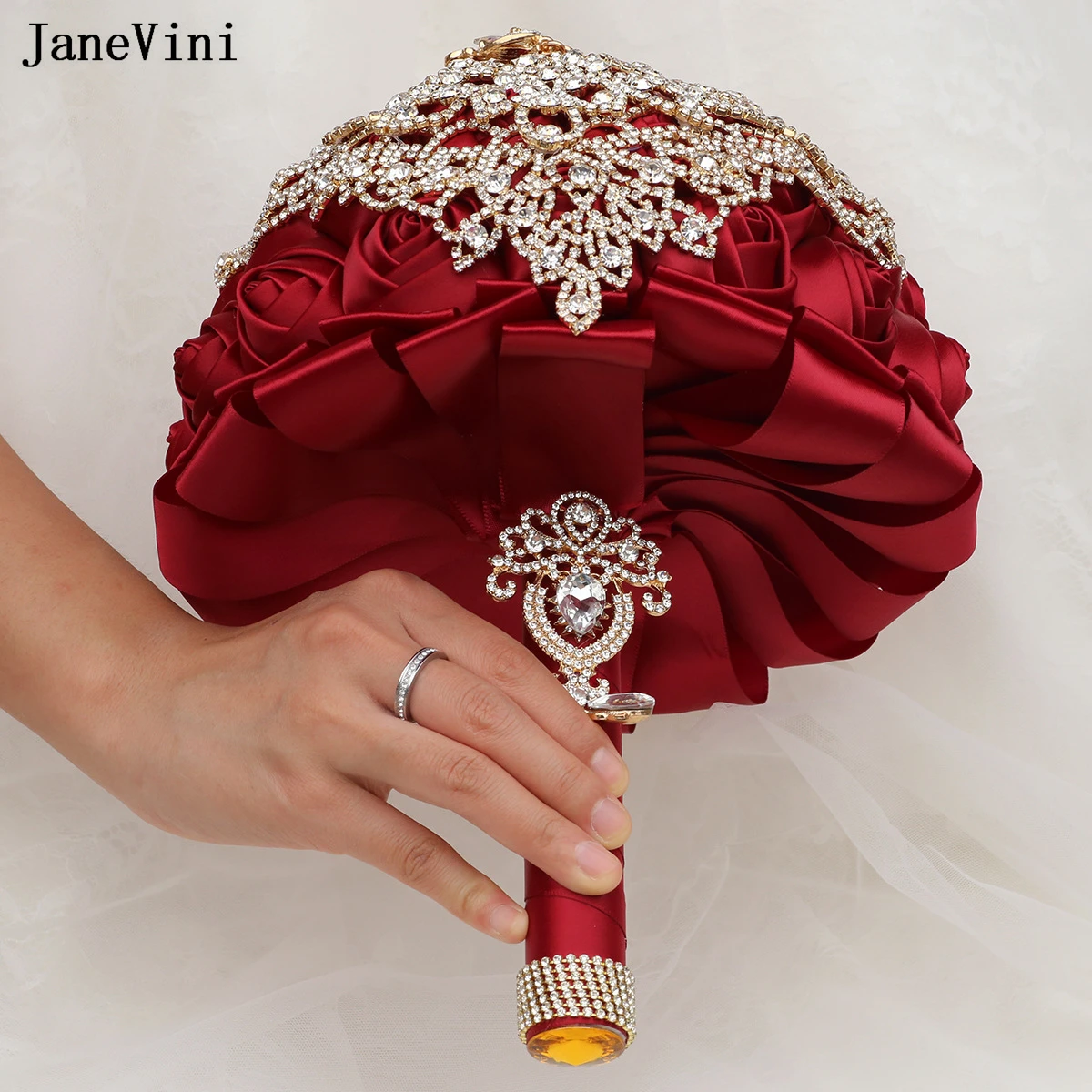 JaneVini Luxury Gold Rhinestones Jewelry Burgundy Bridal Brooch Bouquets Artificial Satin Roses European Wedding Bouquet Flower