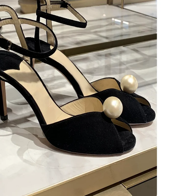 Pearl Shoes for Womens Round Toes High Heels String Beadings Female Sandals Shallow Tacones Ankle Strap Zapatos De Mujer Buckle