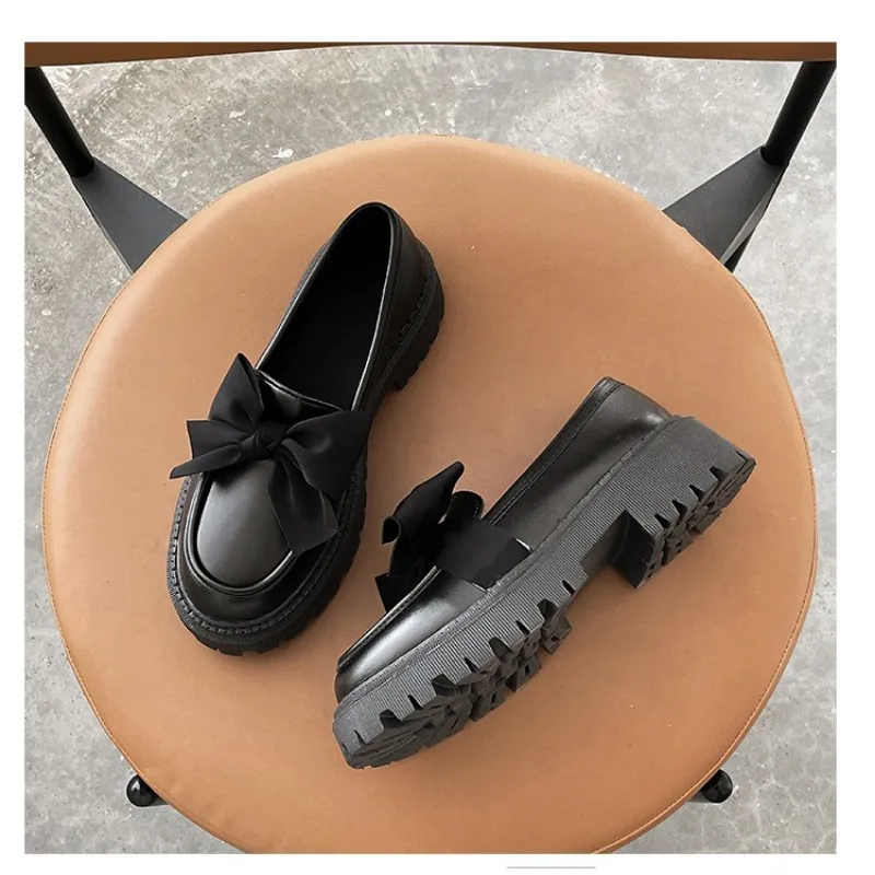 Black Leather Shoes for Women in Summer 2024 Lolity Shoes Hot New Style Bow-tie Slip-on Thick-soled Shoes Loafers