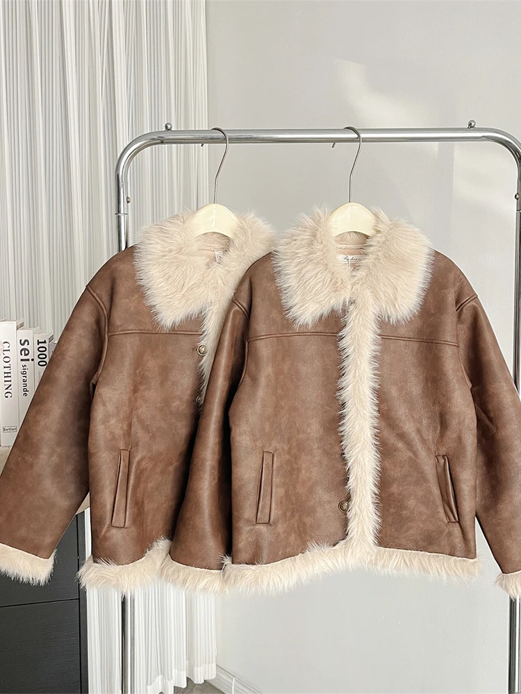 Women\'s Brown Leather Coat Jacket Vintage Long Sleeve Faux Fur Motorcycle Short Jackets Y2k Coats Harajuku Outfits 2000s Clothes