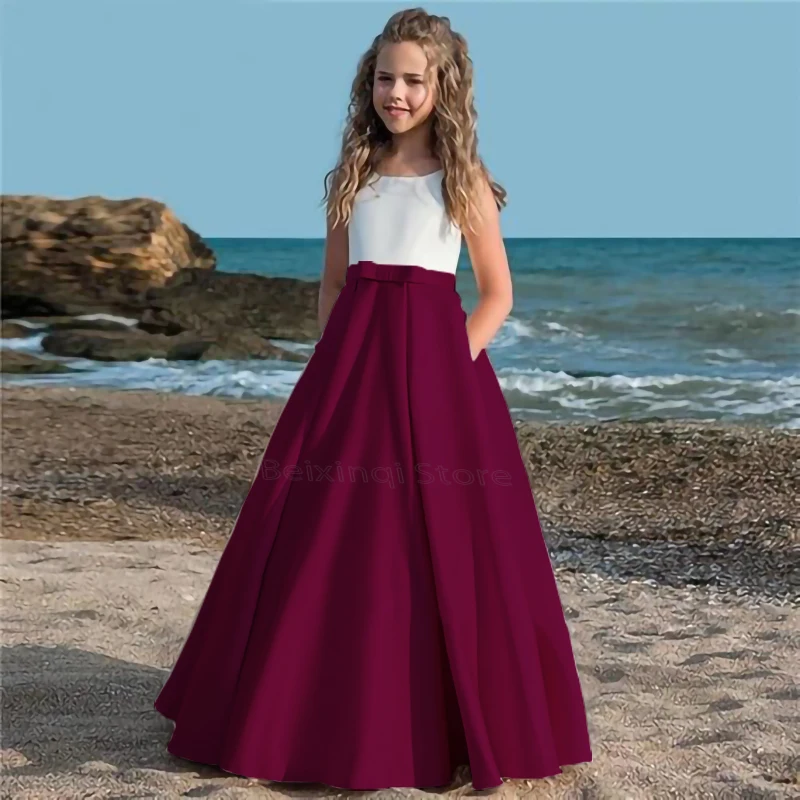 

Can custom color Flower Girl formal occasion dress elegant Satin bow tailing pockets sashes communion birthday ball evening gown