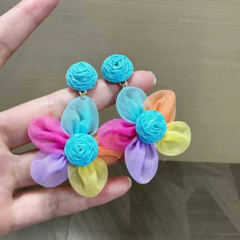 Mesh Camellia Flower Earrings Colorful Sweet Slim Face for Seaside Holiday Photography Niche Design Lightweight