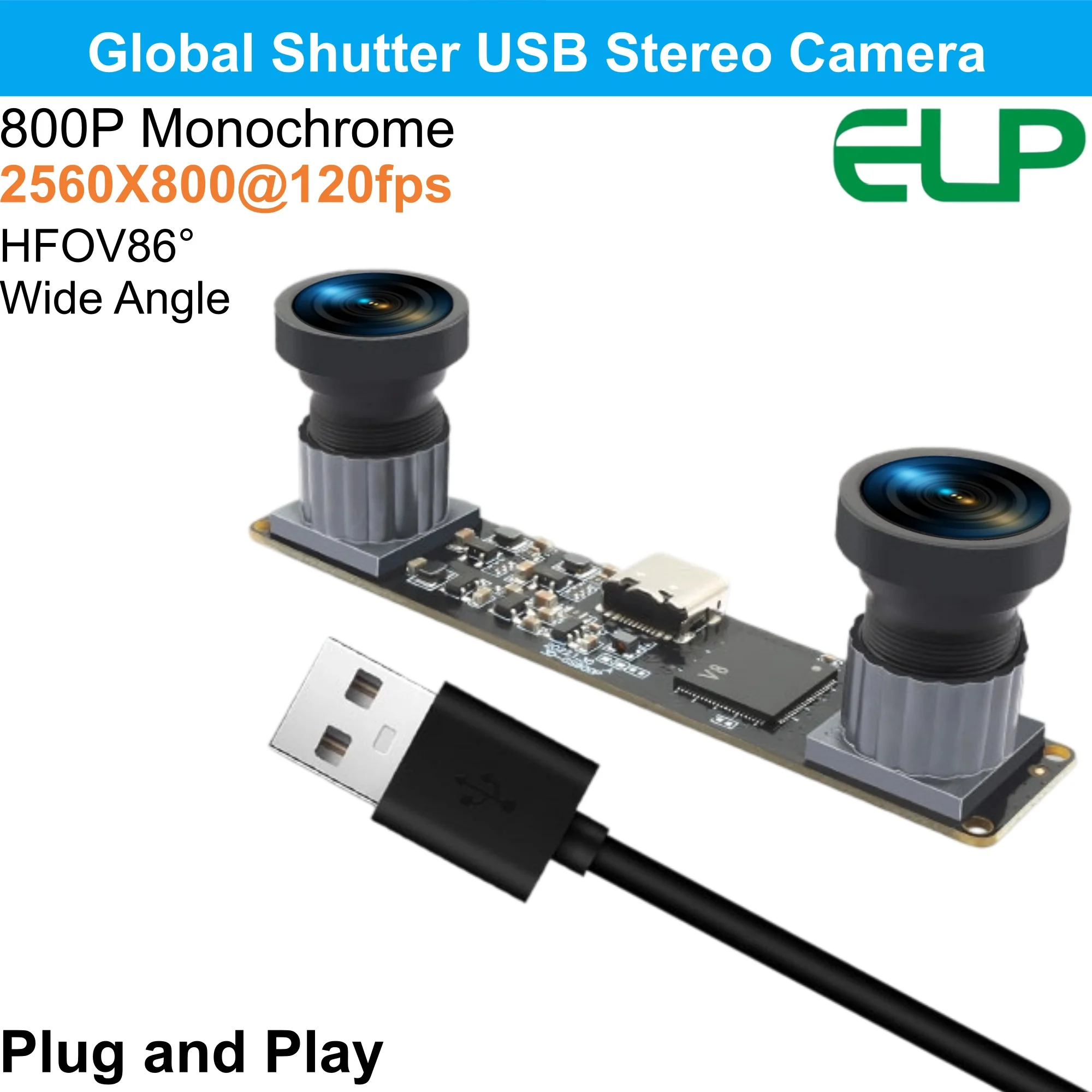 ELP 800P Monochrome USB Stereo Camera 120FPS High Speed Global Shutter camera Module 86° Wide Angle for  VR Face Recognition