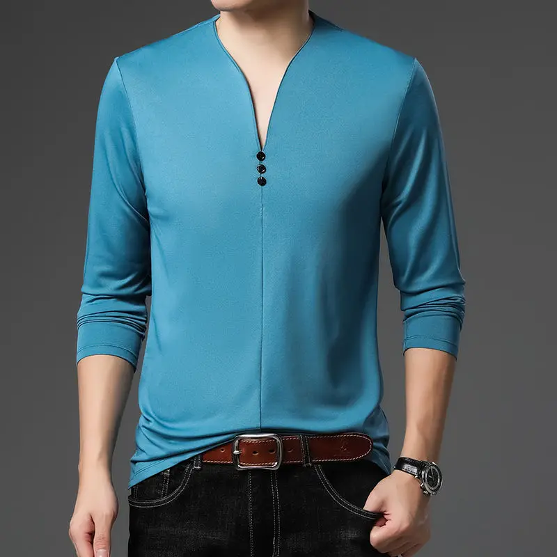 

Модные весенние футболки в китайском стиле, мужские однотонные топы с v-образным вырезом и пуговицами, простой тренд, универсальные тонкие топы с длинными рукавами JJ203