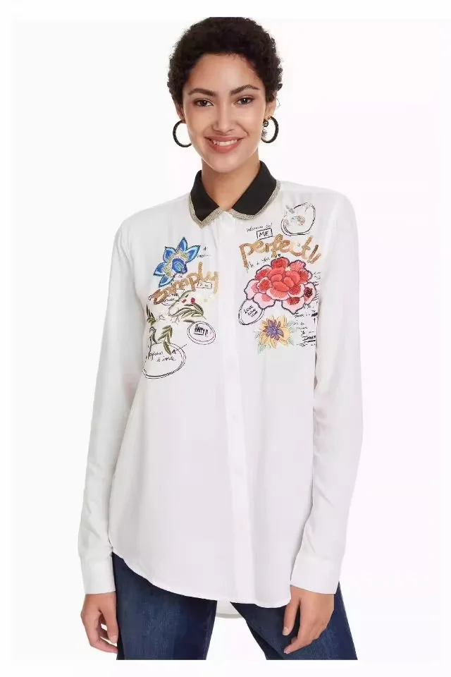 Foreign trade original single Spanish new printed hand-painted long-sleeved lapel shirt