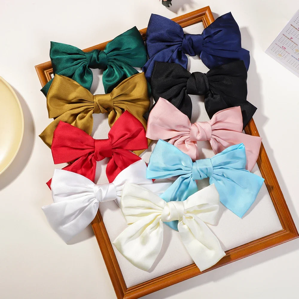 1Pcs Elegant women's ribbon bow ponytail hair clip solid color big bowknot hairpins girls barrette Spring clip Hair Accessories