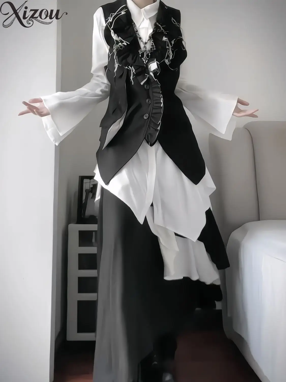 Women Irregular Ruched Waist Long Sleeve Shirt Black White Layer Skirt Pants Two Piece Dark Gothic Designer Outfit Set 2026 view 4