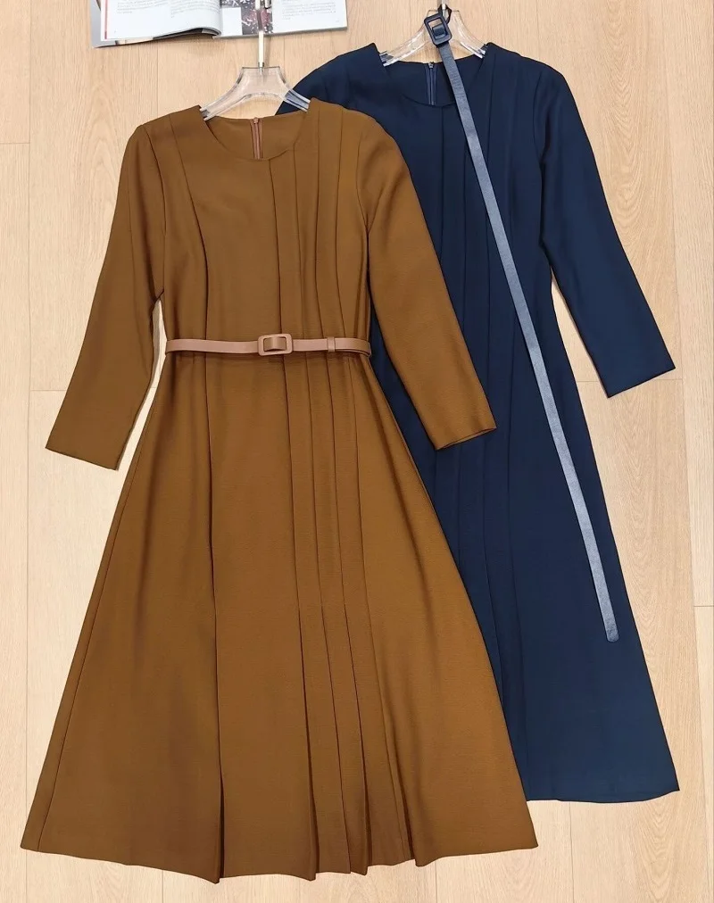 

3XL 2XL вечернее элегантное платье 2022, осень-зима, модное женское платье с круглым вырезом и поясом, деко, с длинным рукавом до середины икры, синее плиссированное платье цвета хаки