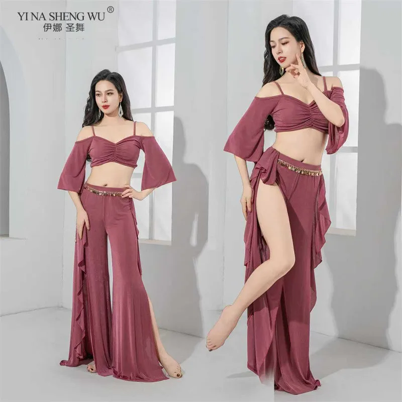 tenue-de-danse-du-ventre-pour-femmes-costume-de-spectacle-sur-scene-manches-longues-a-volants-jupe-fendue-sur-le-cote-pantalon-taille-haute-ceinture-de-spectacle-de-danseuse-d'equipe