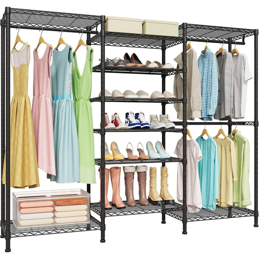 

Heavy Duty Garment Rack with Adjustable Shelves, Clothes Rack with Shoe Shelves, Hanging Rods, Freestanding Closet for Bedroom