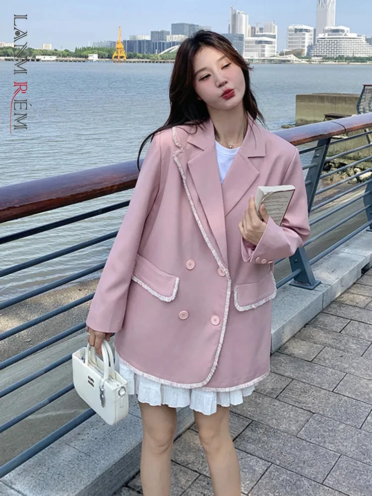 LANMREM Streetwear Blazer Women\'s Notched Double Breasted Contrast Color Fashion Coat 2024 Female Autumn New Clothing 2Z2395