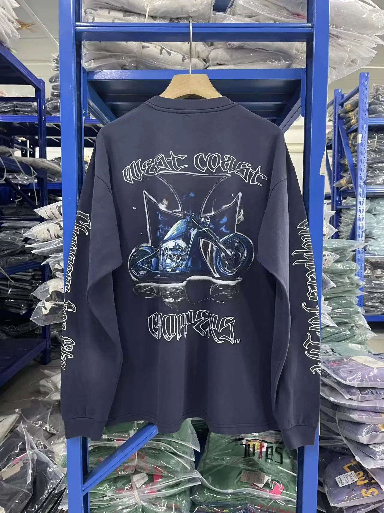 

2025SS синяя футболка West Coast Choppers для мужчин и женщин, топы, ограниченная серия, футболки с длинными рукавами и дымчатым шлейфом, хлопковая футболка