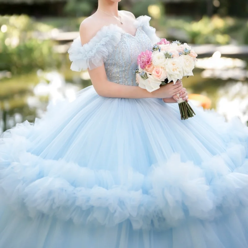 

Light Blue Quinceanera Dresses Off the Shoulder Glitter Decal Crystal Lace Ruffles Long tail Vestido De 15 Quinceanera Customize
