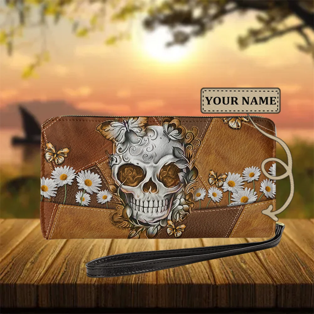 Gothic Skeleton Skull Printing Fashion Women Leather Wallet Designer Luxury Wristlet Clutch Purse Lightweight Card Holder Pouch