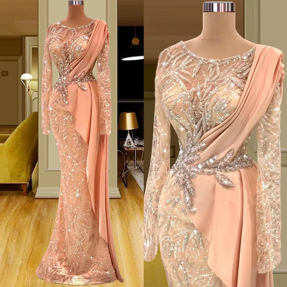 Stunning Sequined Evening Dresses Leaf Beading Sheer O Neck Mermaid Prom Gowns Formal Club Party Dress