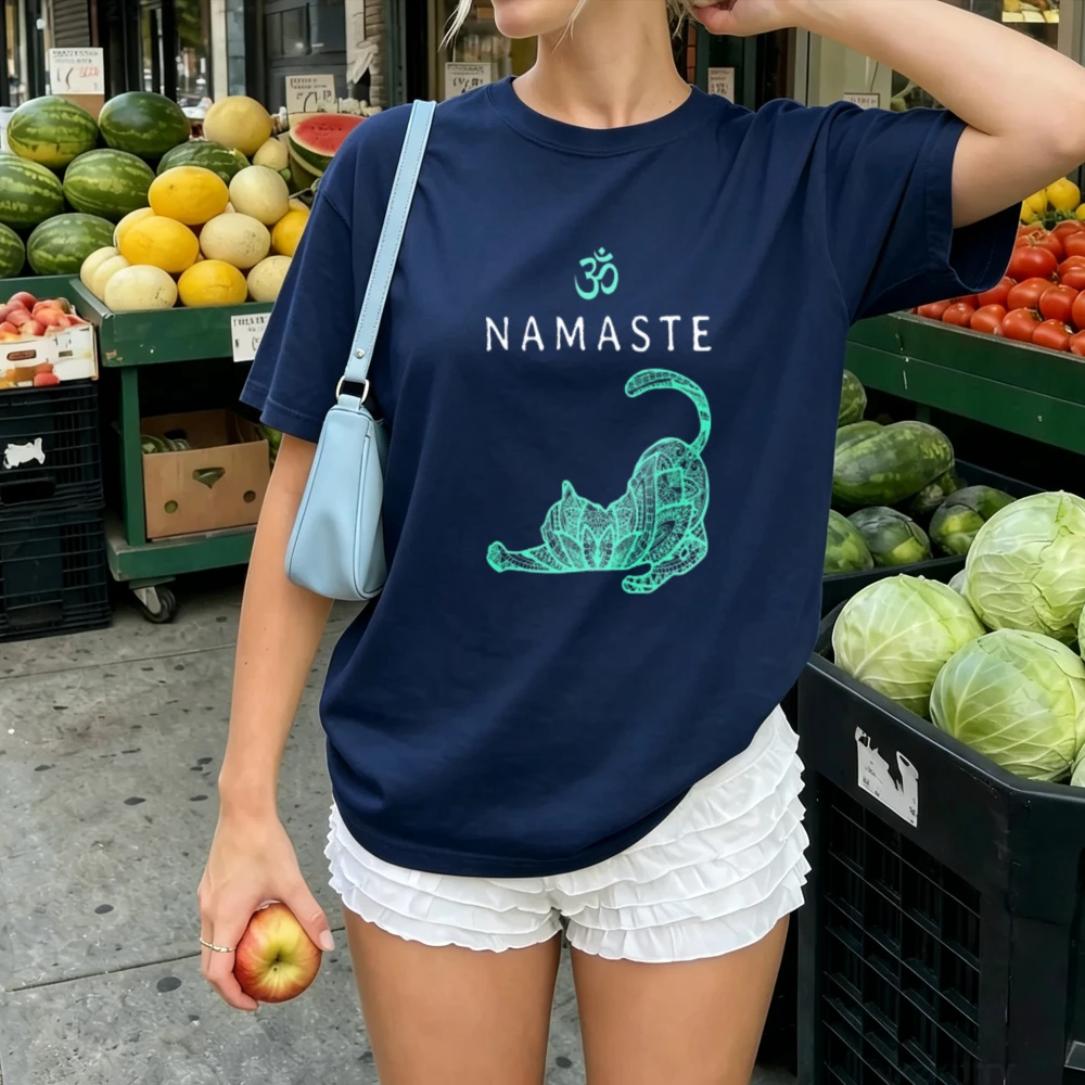 Green Mandala Namaste Cat Print T Shirt Women Om Symbol Yoga Graphic Casual Round Neck Loose Cotton Meditation Short Sleeve Tops