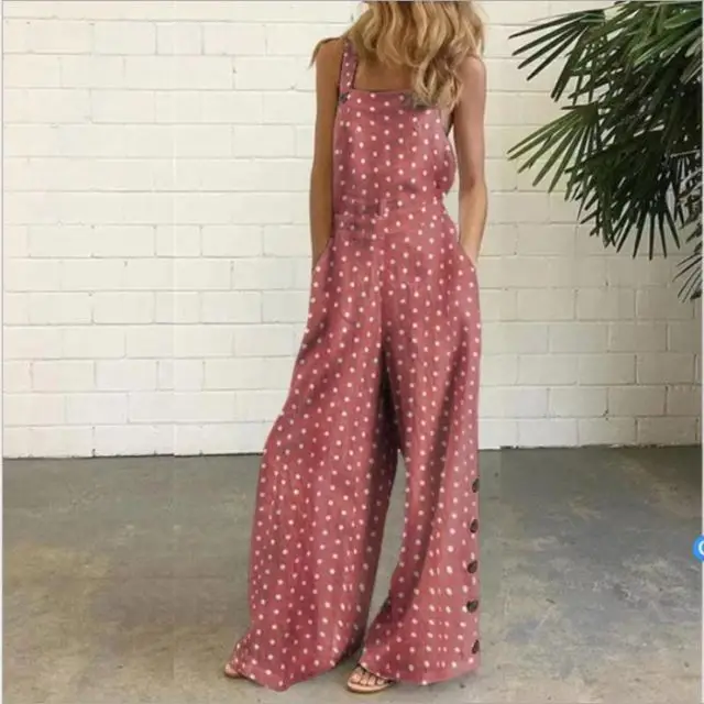 

Faionable Cotton Linen Onesie with Button Decorated Straps Street Sle mid Waist Long Pants Summer Collection