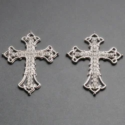 4pcs Silver Plated Hollow Handmade Rhinestone Catholic Crosses Pendant DIY Charms Necklace Earrings Jewelry Crafts Making P1077