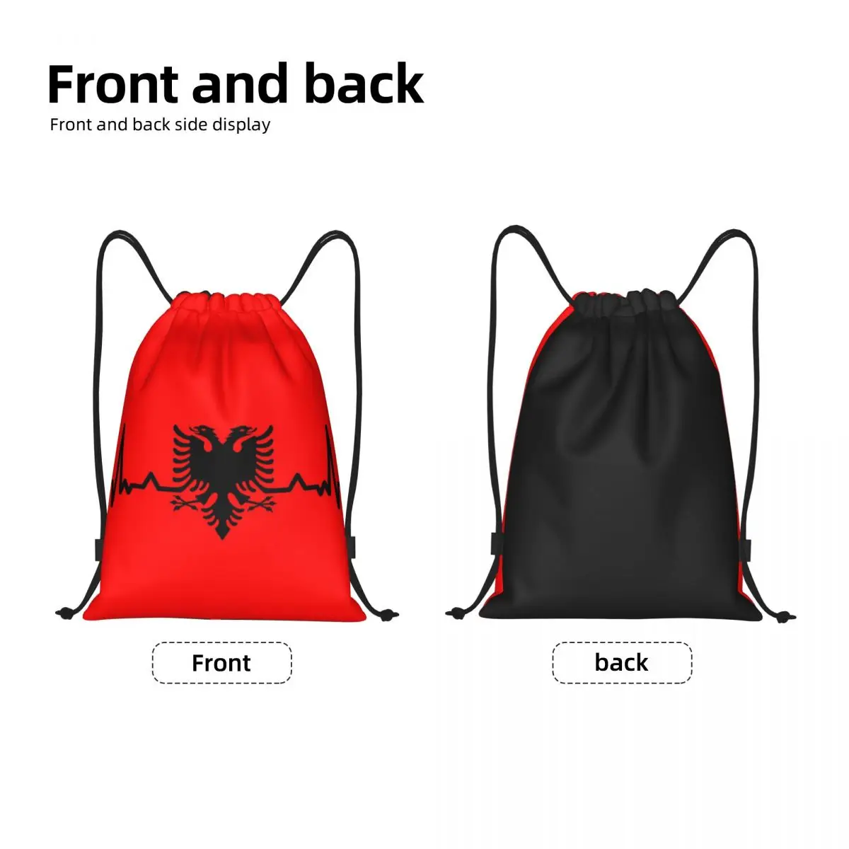 Heartbeat Albania Flag Drawstring Backpack Bags Lightweight Albanian Eagle Shqiponja Gym Sports Sackpack Sacks for Training