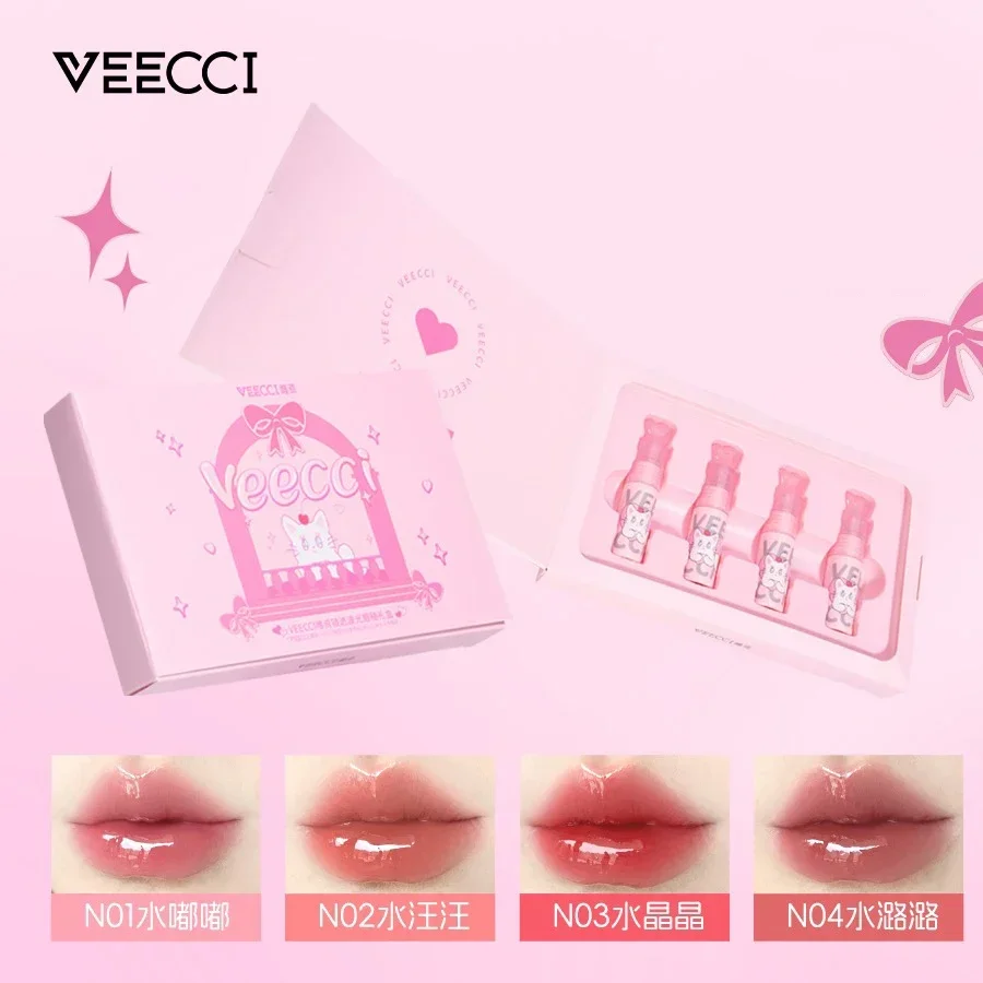 VEECCI-女性用の半透明のリップグロス,化粧品,韓国のミニスティック,4色のギフトセット