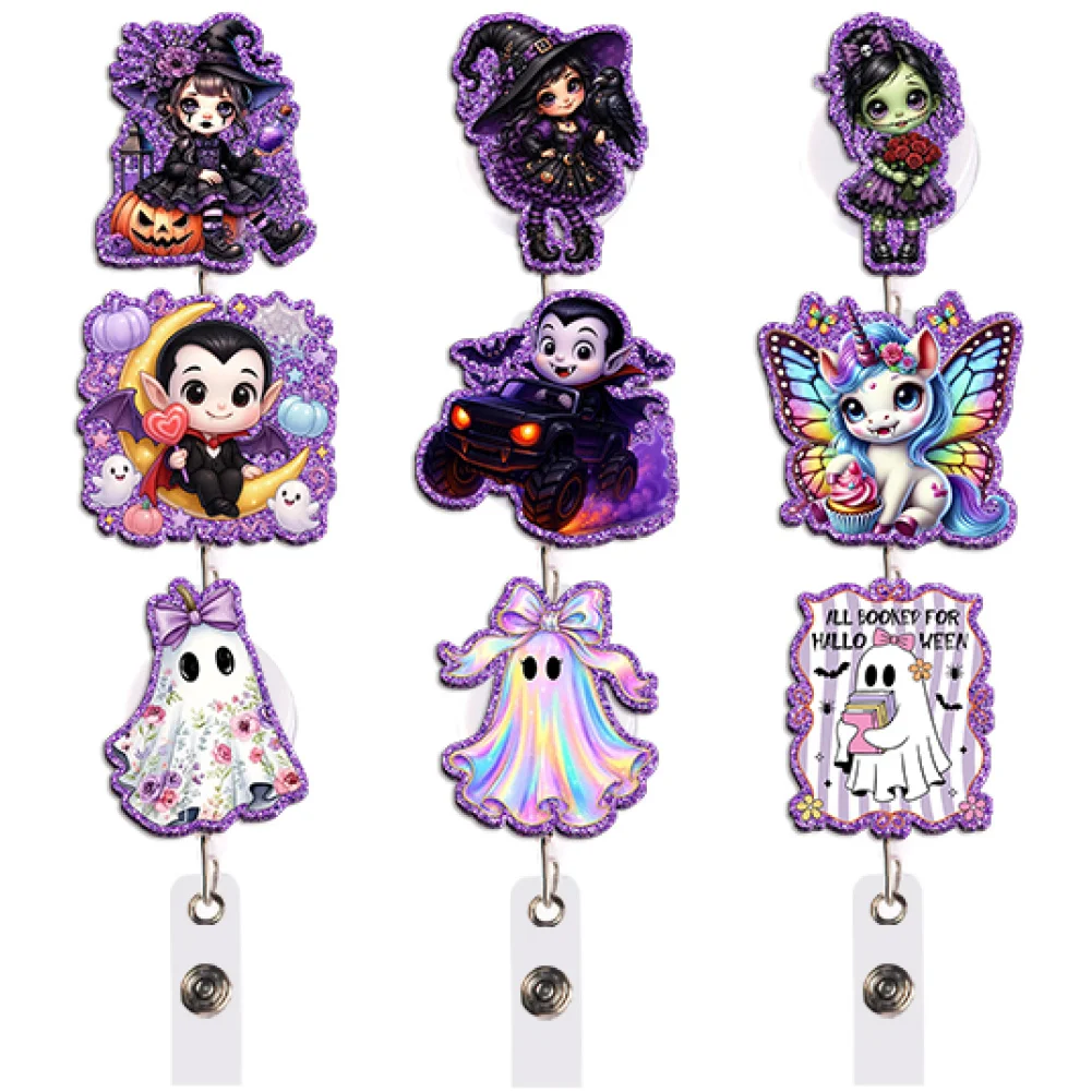 Cute Halloween Badge Reel Retractable ID Holder Ghost Bear Witch Hat Candy Wavy Edge Gift for Student School Office Commute