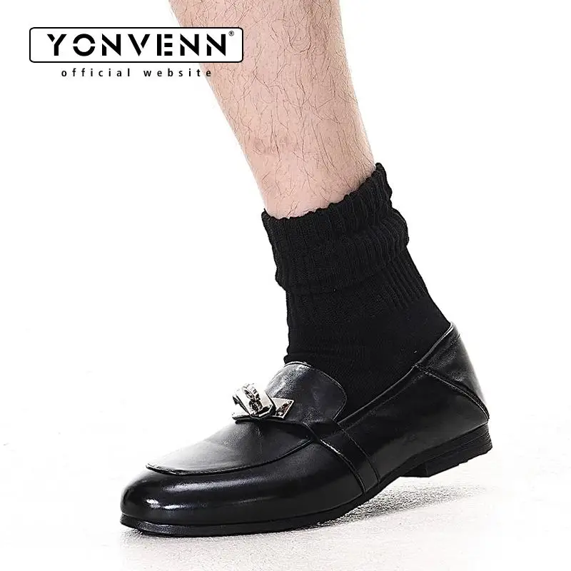 Horse collar buckle washed cowhide loafers men's leather slip in black casual formal dress shoes work commuting leather shoes