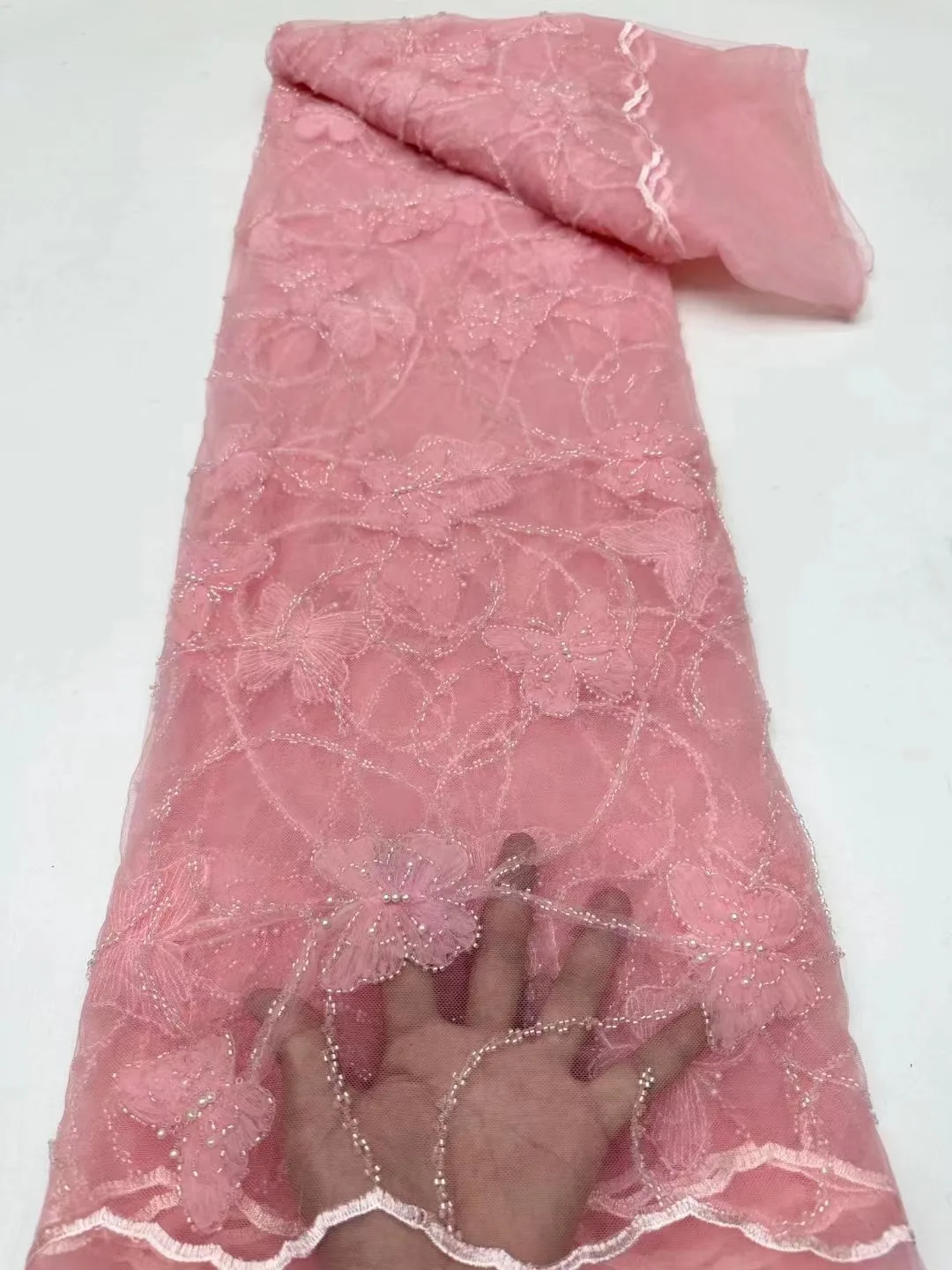 

Pink Sequins Lace Fabric With Beads High Quality Lace French Lace Fabric Beaded Embroidery On Tulle Mesh Fabrics For Sewing