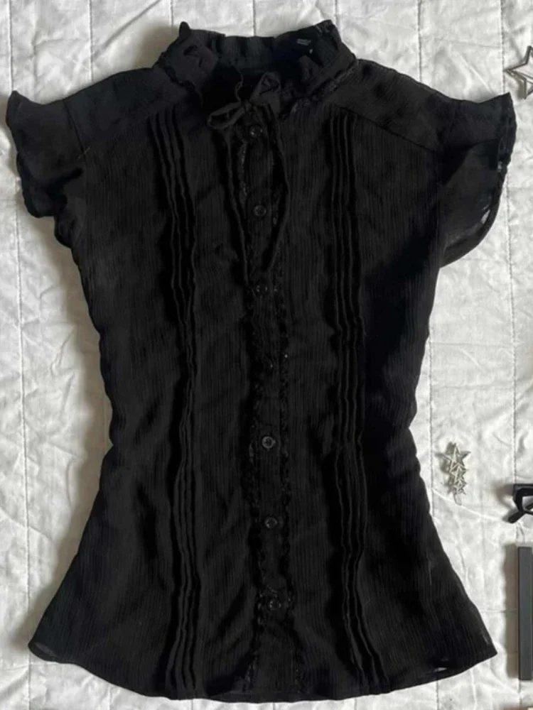 

Винтажная женская элегантная блузка без рукавов, уличная стильная топы с кружевным воротником, облегающая рубашка с воротником-стойкой для девочек, новинка весны