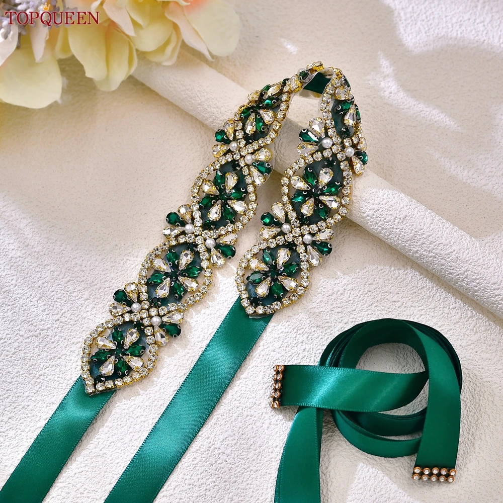 

TOPQUEEN Emerald Green Gemstone Bridal Belt Hand Sewn Dress Accessories Wedding Banquet Formal Dress Sash Jewellery S453-KL