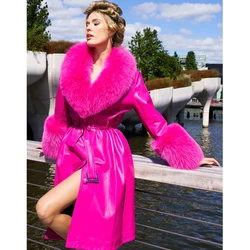 Denny & Dora Pink Women Real Fox Fur Collar cappotto lungo in vera pelle-Trench Plus Size Coat