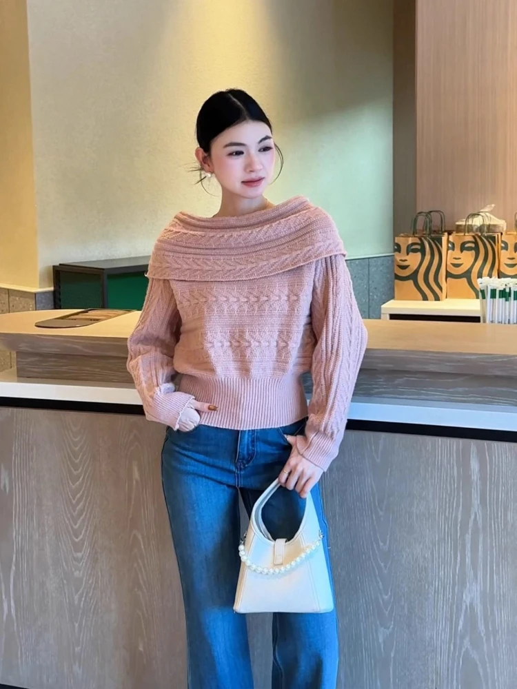 Autumn and Winter Fashion New Women's Elegant Knitted Korean High End One Shoulder Hoodie Warm Cashmere Thick Sweater