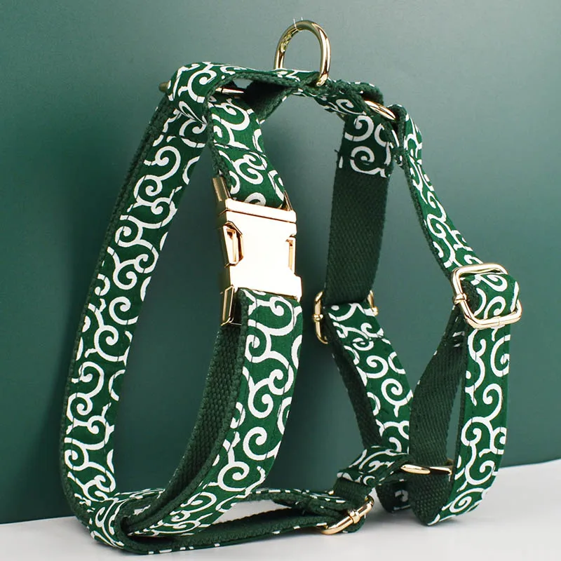 Alta calidad, algodón suave verde, diseño personalizado, Hardware con logotipo, accesorios de Metal para mascotas, Collar de perro con sublimación, correas, arnésTangCao01