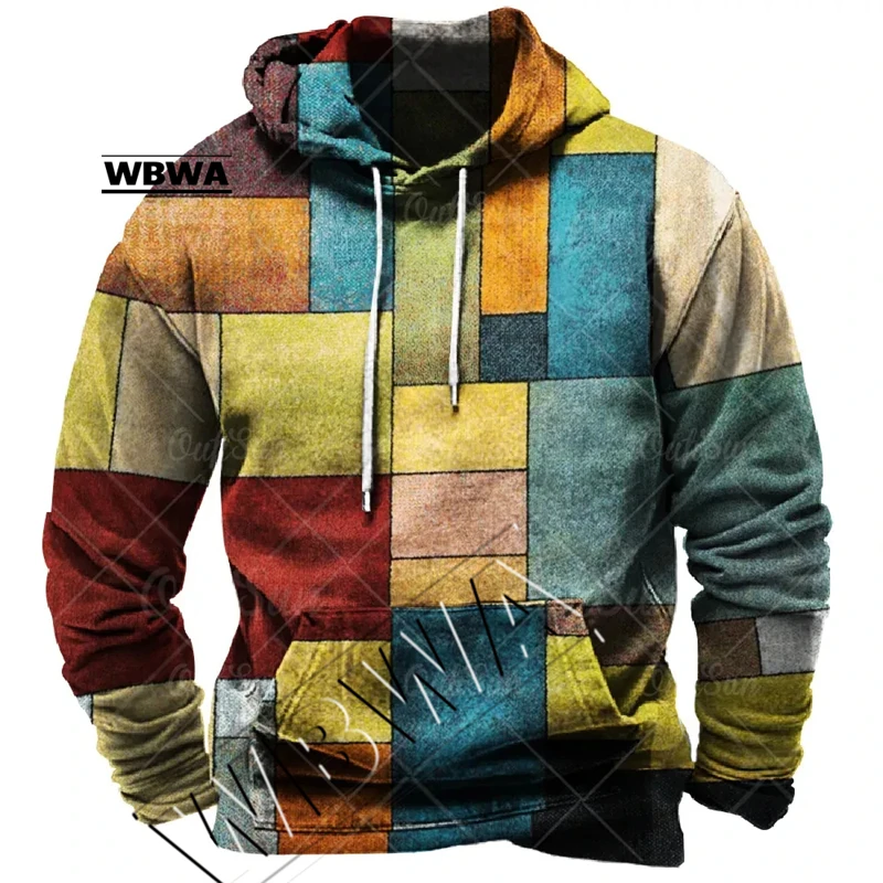 Vintage Men\'s Hoodie For Sweatshirt 3d Plaid Print Long Sleeve Pullover Street Man Clothing Men\'s Oversized Hooded Sweater 2023