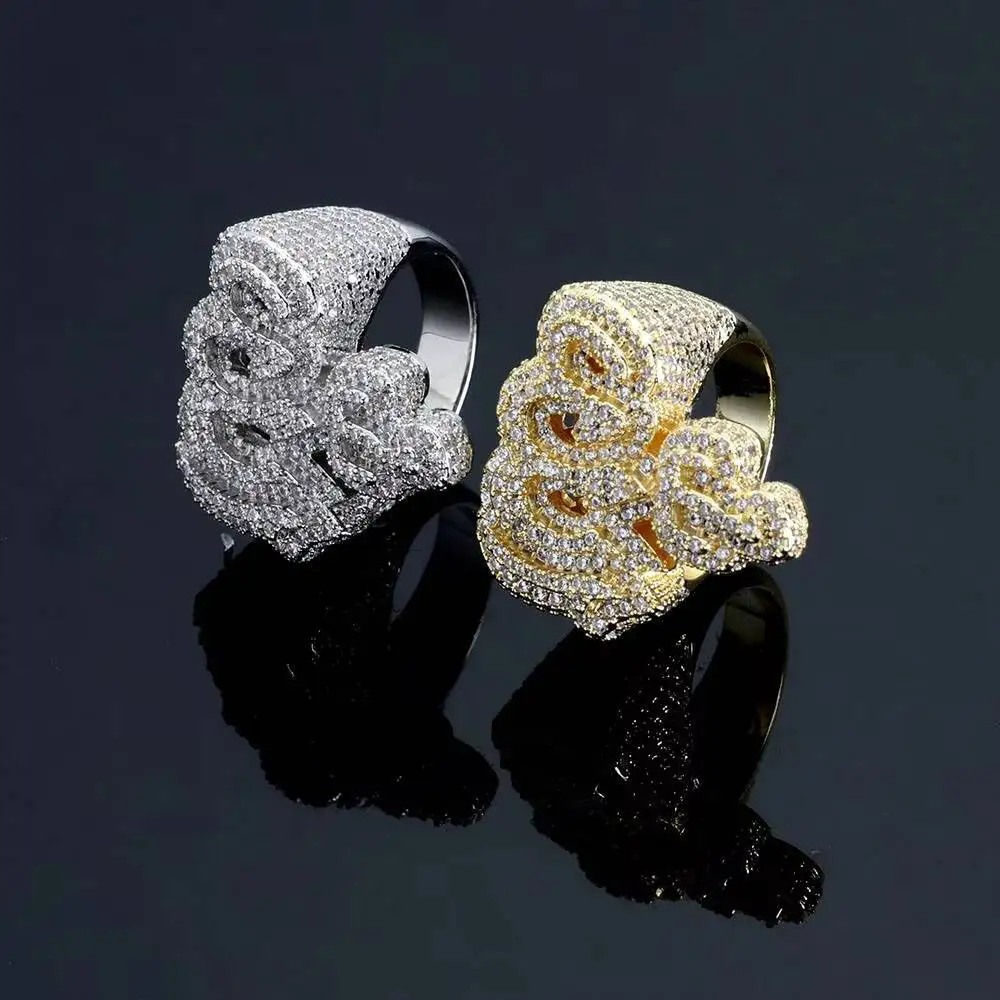New Design Iced Out Zircon Allah Cluster Ring Hip Hop Jewelry Prong Set Silver Gold Plated Fire Ring for Men Women