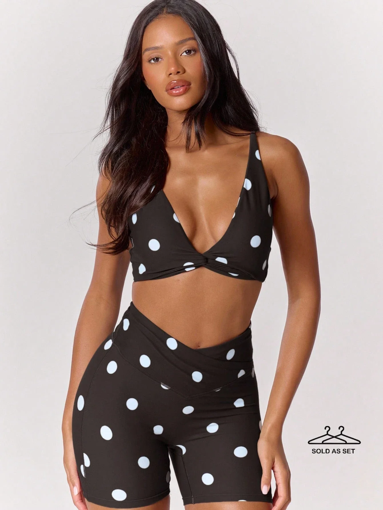 

Polka Dot Twist Front Sports Bra And High Crossover Waistband Active Shorts Set