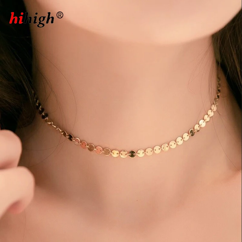 

Punk Street Wafer Chocker Short Necklace Woman Girl Clavicle Chain Around Neck S925 Sterling Silver Plated 14K Gold Adjustable