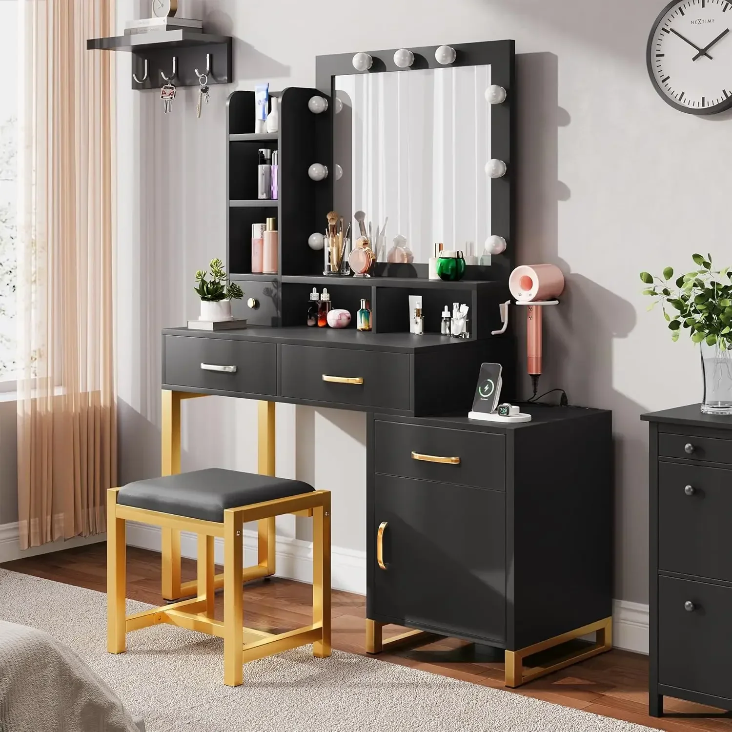 Makeup Vanity Table with Mirror and Lights, Charging Station, Drawers, and Stool, Adjustable Lighting in 3 Colors