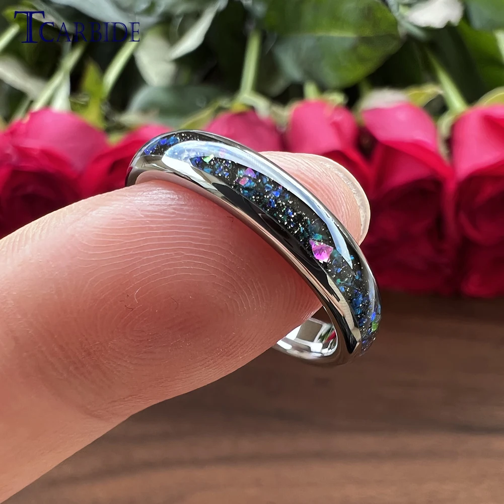 4mm Black Opal Ring Women Tungsten Engagement Wedding Band Domed Polished Stylish Gift Jewelry Comfort Fit