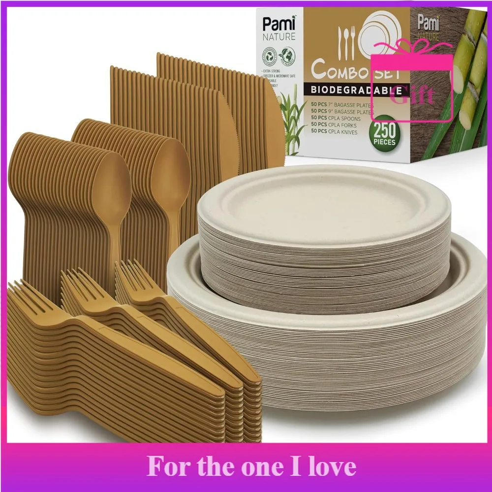 

250-Piece Compostable Degradable Tableware Eco Set Disposable Sugarcane Plates, Cutlery & Cups Heavy-Duty Eco Dinnerware