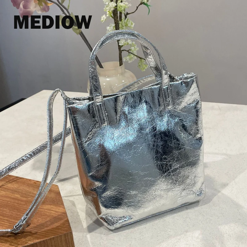 MEDIOW Korean Fashion Small Tote Bag For Women Luxury Designer Handbag Purse 2024 New In PU Appliques Sliver Top Handle Shoulder