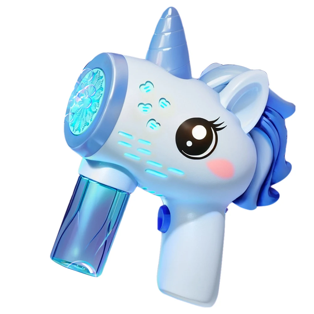 Unicórnio bolha metralhadora automática fabricante de bolhas com luz bolha blaster presentes de aniversário para 3 4 5 6 anos de idade meninos meninas