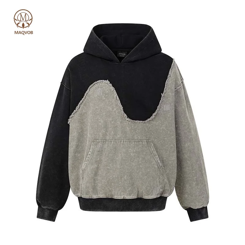 MAQVOB EU US Size Luxury Quality Casual Hoodie Street Wear  Autumn Color Block Washed Vintage Oversize Men Hoodie